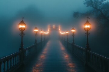 Obraz premium Misty Bridge with Glowing Lanterns at Night, Railings and Wooden Planks Reflection