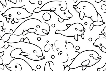 Fototapeta premium Black and white cartoon dolphins and other sea creatures, a seamless repeating pattern. Various stylized dolphins, whales, and bubbles. Perfect for coloring books or kids' activities