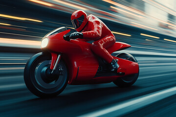 Obraz premium A sleek red motorcycle speeds through a cityscape at dusk, showcasing motion and adrenaline
