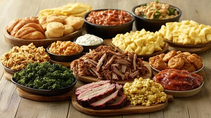 Diverse assortment of southern cuisine dishes on a wooden surface.