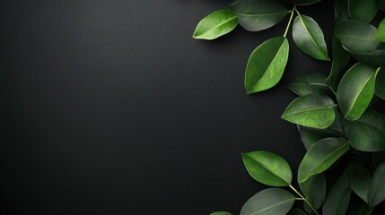Fresh green leaves arranged on dark background