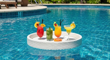 White wicker tray with four colorful cocktails floating in a blue swimming pool