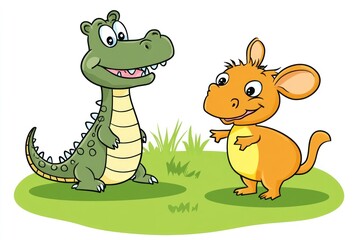 Naklejka premium Two friendly cartoon animals, a green crocodile and an orange kangaroo-like creature, stand on a grassy field