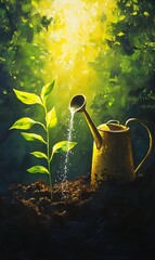 Sprout Being Watered by Golden Watering Can on Dark Soil with Bright Light Art