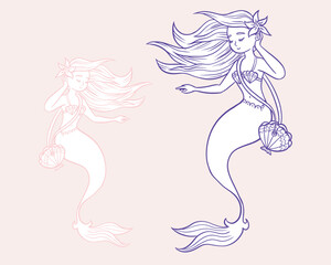 Whimsical cute fairy tale undersea little mermaid in vector with and without outline, children's symbol, logo. Hand drawn illustration pink and blue colors. Sea siren for Kids, element or apparel