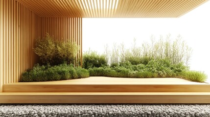 Tranquil indoor garden with wooden accents