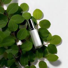 Natural Skincare Product Mockup White Bottle on Green Leaves Beauty Product Organic Cosmetics