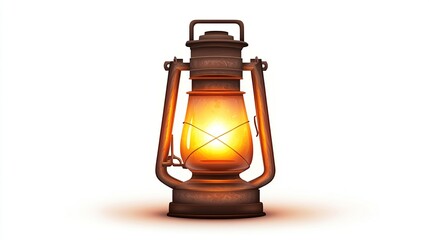 Antique oil lantern glowing brightly on white background.