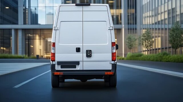 Rear View Of A White Van Driving On An Asphalt Road With Modern Buildings In The Background Under Bright Daylight