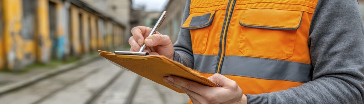 Construction worker signs permit, job hazard analysis, outdoor, blurred background, Australian site - clipboard daylight Australia documentation