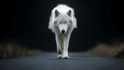 white wolf with blue eyes walking on the road, full body, dark background, symmetrical composition,