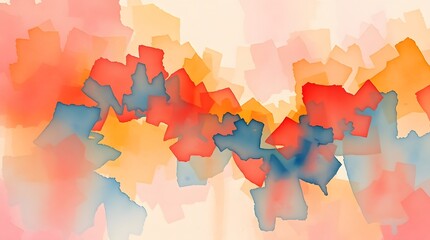 Abstract watercolor painting with vibrant orange, red, and teal shapes.  A dynamic composition of translucent blocks creating a dreamy, energetic mood. Ideal for background use.