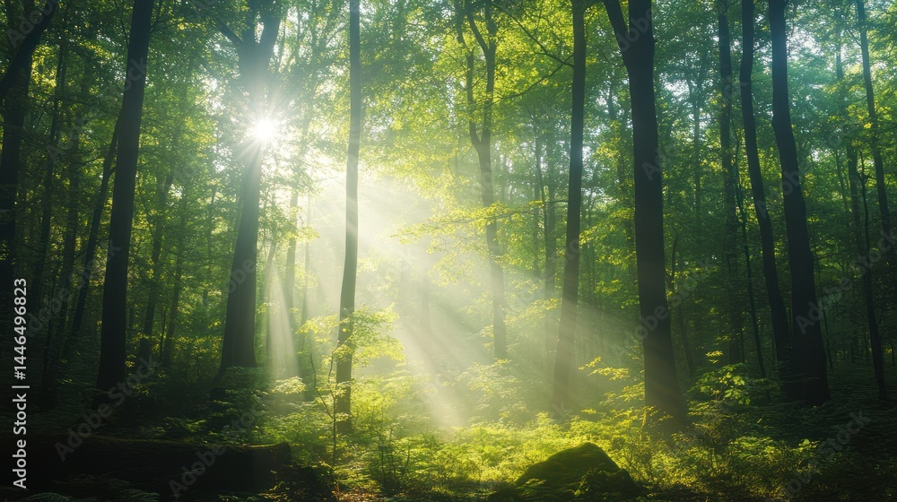 Poster sunlight filters through verdant forest canopy, creating ethereal light beams