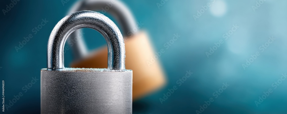 Poster patient data privacy concept. close-up of a metallic padlock with another blurred padlock in the bac