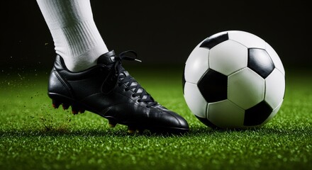 Obraz premium Soccer player's foot in black cleat next to traditional black and white ball on grass field. Sports action close-up for World Cup, Champions League, or soccer season opener