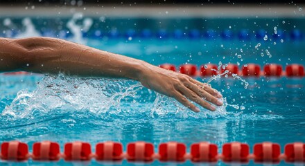 Swimmer's arm splashing through water in competitive pool with lane dividers. Dynamic sports action for Olympic games, world championship, or swimming competition