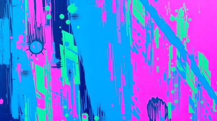 Abstract vibrant pink blue green artwork, dynamic brush strokes, paint splatters, geometric shapes, modern art, graphic design, background.