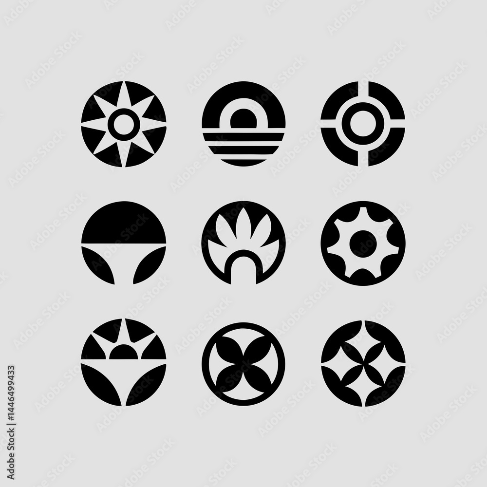 Poster nine abstract circular logos branding design elements for modern identity