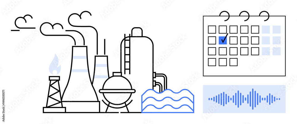 Poster factory with chimneys and storage tanks beside wave patterns, cloud emissions, and data representati