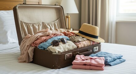 Open vintage suitcase with clothing and straw hat on white bedspread in bedroom