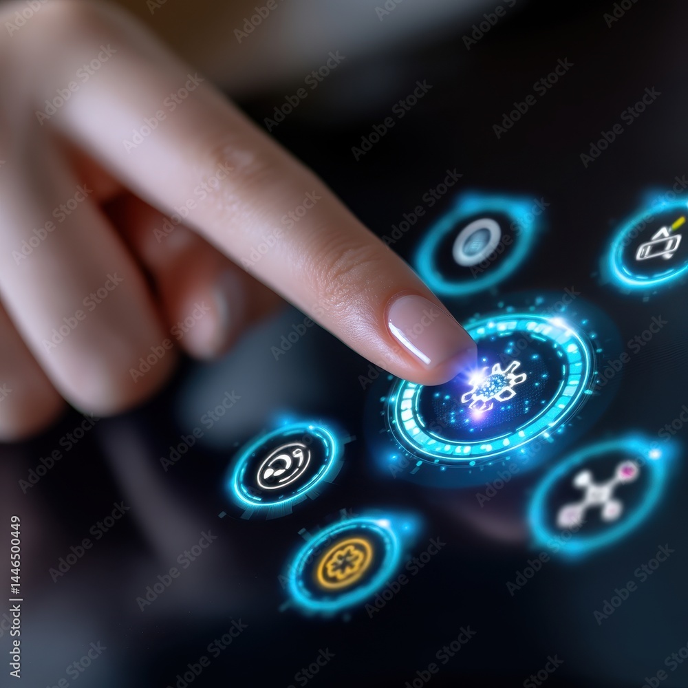 Aufkleber young businessperson using advanced technology interface with double exposure effect for modern digi