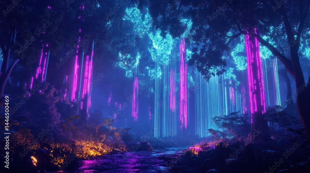 Poster surreal glowing forest with vibrant colors creating a magical atmosphere