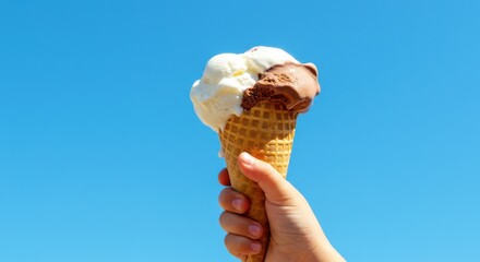 Female hand holding a double scoop ice cream cone against a blue sky