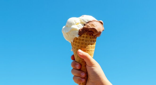 Female hand holding a double scoop ice cream cone against a blue sky - Powered by Adobe