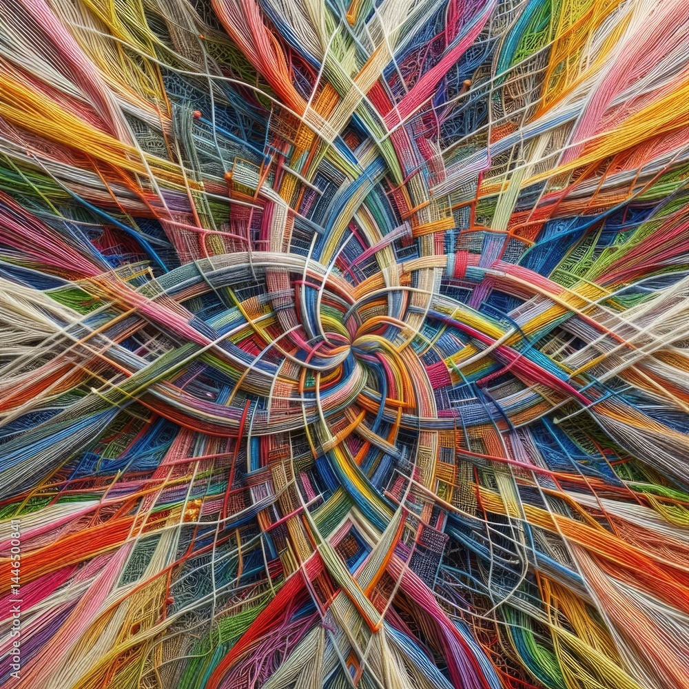 Poster intricate threads of various colors intertwining and merging to form a complex and beautiful tapestr