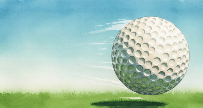 Golf ball in motion on grass against blue sky. Sports equipment for golf tournament. Father's Day gift concept. National Golf Month celebration. Outdoor activity image with copy space. - Powered by Adobe