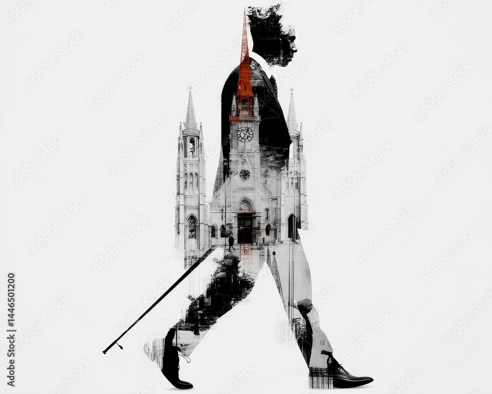 Poster captivating double exposure image of a business figure walking with architectural elements and techn