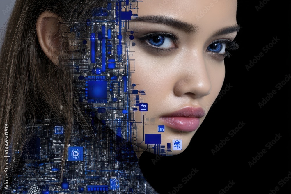 Poster woman's face merged with technology elements in a double exposure artistic style highlighting innova