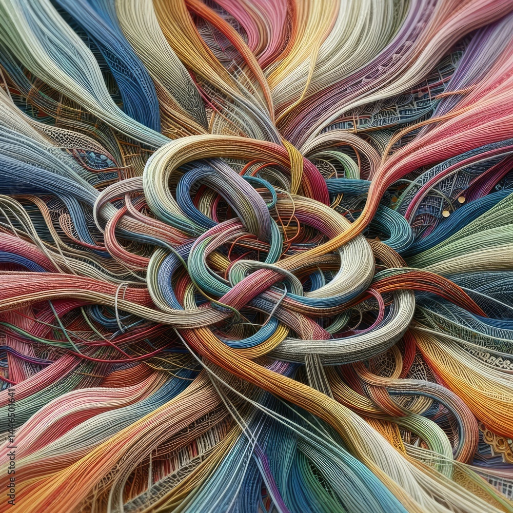 Poster intricate threads of various colors intertwining and merging to form a complex and beautiful tapestr
