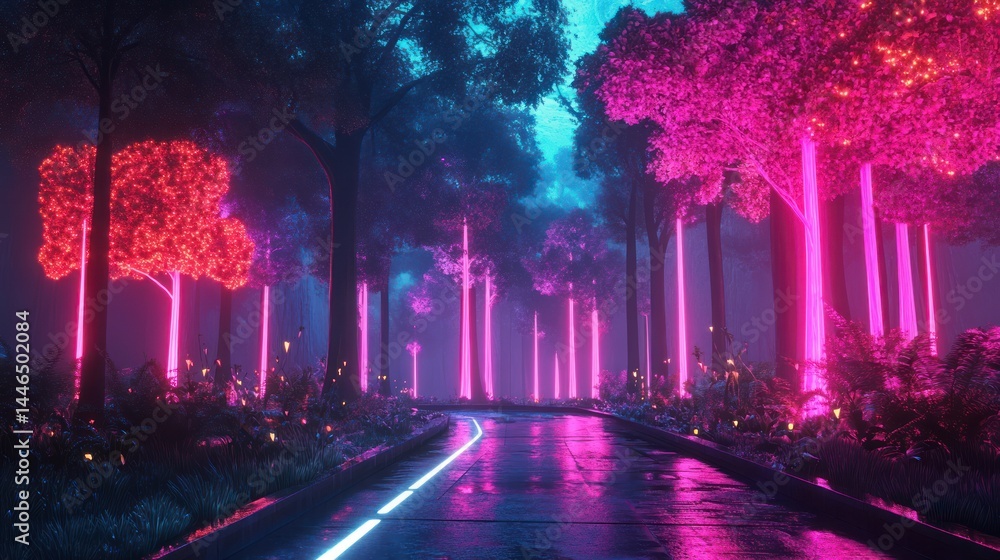 Poster surreal luminescence forest illuminated with vibrant neon pathway reflections