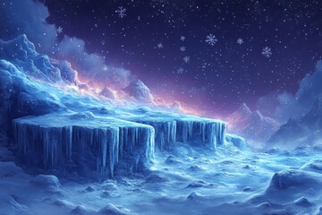 Frozen peaks, night snowfall, fantasy landscape; game background