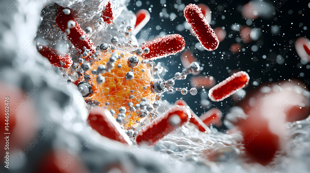 Poster a detailed macro image shows bacteria viruses and cellular structures. this image is suitable for ed