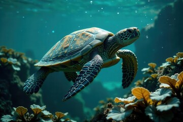 Fototapeta premium Oceanic Sea Turtle Gracefully Navigating a Vibrant Coral Reef Ecosystem