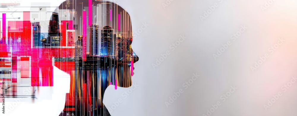 Poster double exposure conceptual image of a man blending business and technology elements in a modern urba