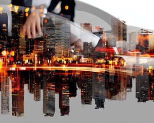 Businessman Working with Technology Overlaid on City Skyline in Double Exposure Effect for Corporate and Creative Projects