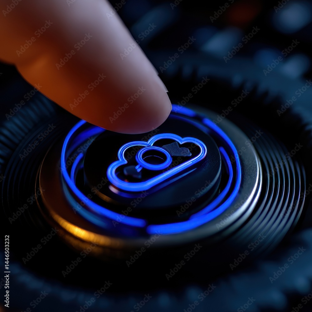 Aufkleber focused touch on cloud technology button with illuminated ring in business and management concept of