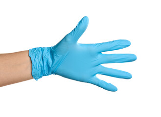 Doctor in medical glove on white background, closeup