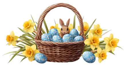 Easter basket with chocolate bunnies and blue eggs, yellow daffodils on a transparent background in PNG file format
