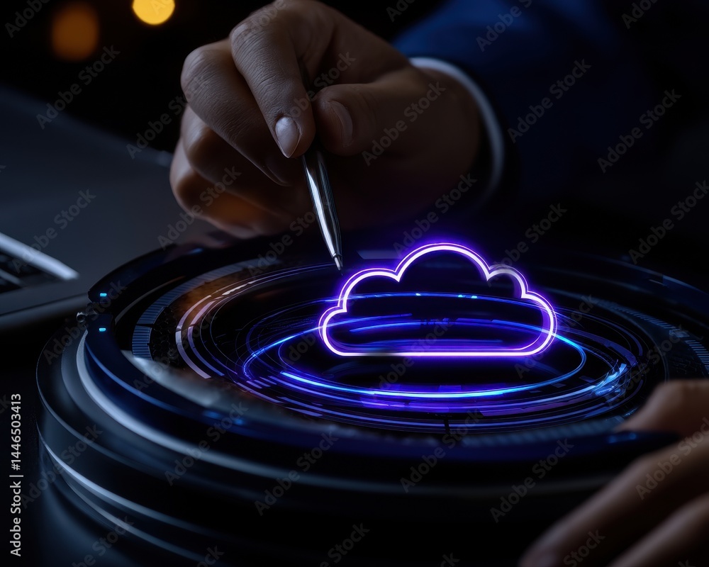 Poster business technology concept in double exposure with focus on cloud computing and digital management 