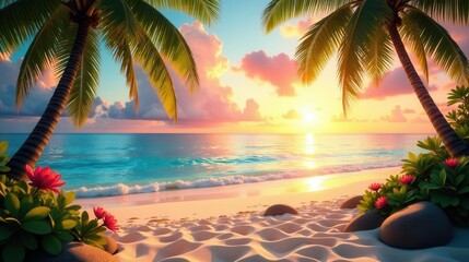 Obraz premium Serene Tropical Beach Sunset Palm Trees Frame Vibrant Ocean Waves and Pink Sky