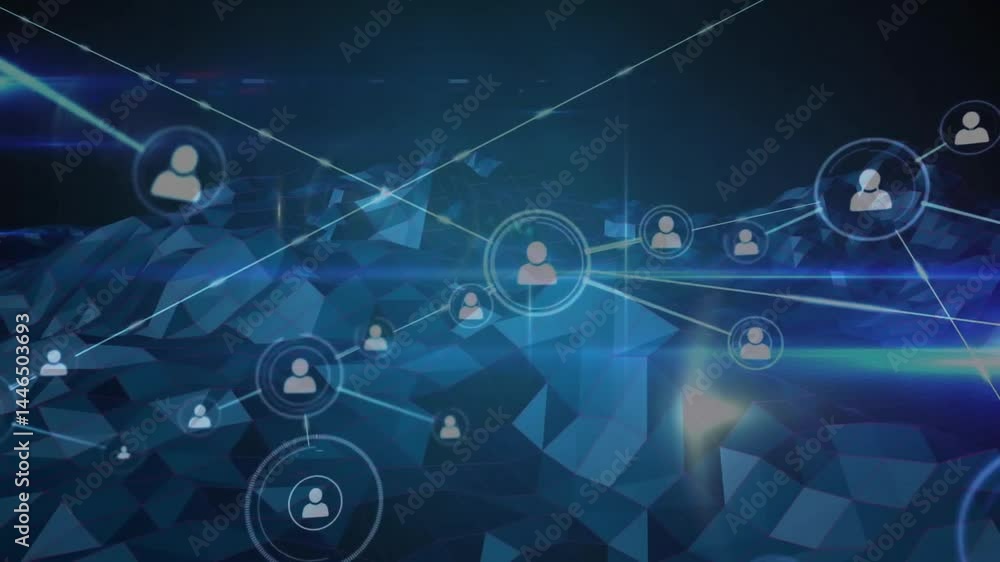Poster network graph being rendered in 3d on dark blue terrain, showing glowing user nodes and connections