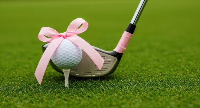 Golf ball with pink ribbon on tee and golf club. Breast cancer awareness concept for charity tournament or fundraiser event. Women's golf day celebration.