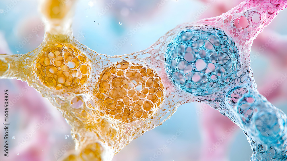 Poster an artistic rendering of cellular structures with vibrant colors and intricate details. use this ima