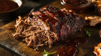 Pulled pork, ready to eat, with barbecue sauce, on wooden board.