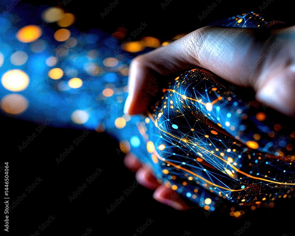 Poster dynamic business technology representation with double exposure hands shaking and digital visuals fo