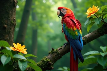 Obraz premium A vibrant scarlet macaw perched on a moss-covered branch, amidst lush green foliage and radiant yellow blossoms, a captivating scene of tropical avian beauty.